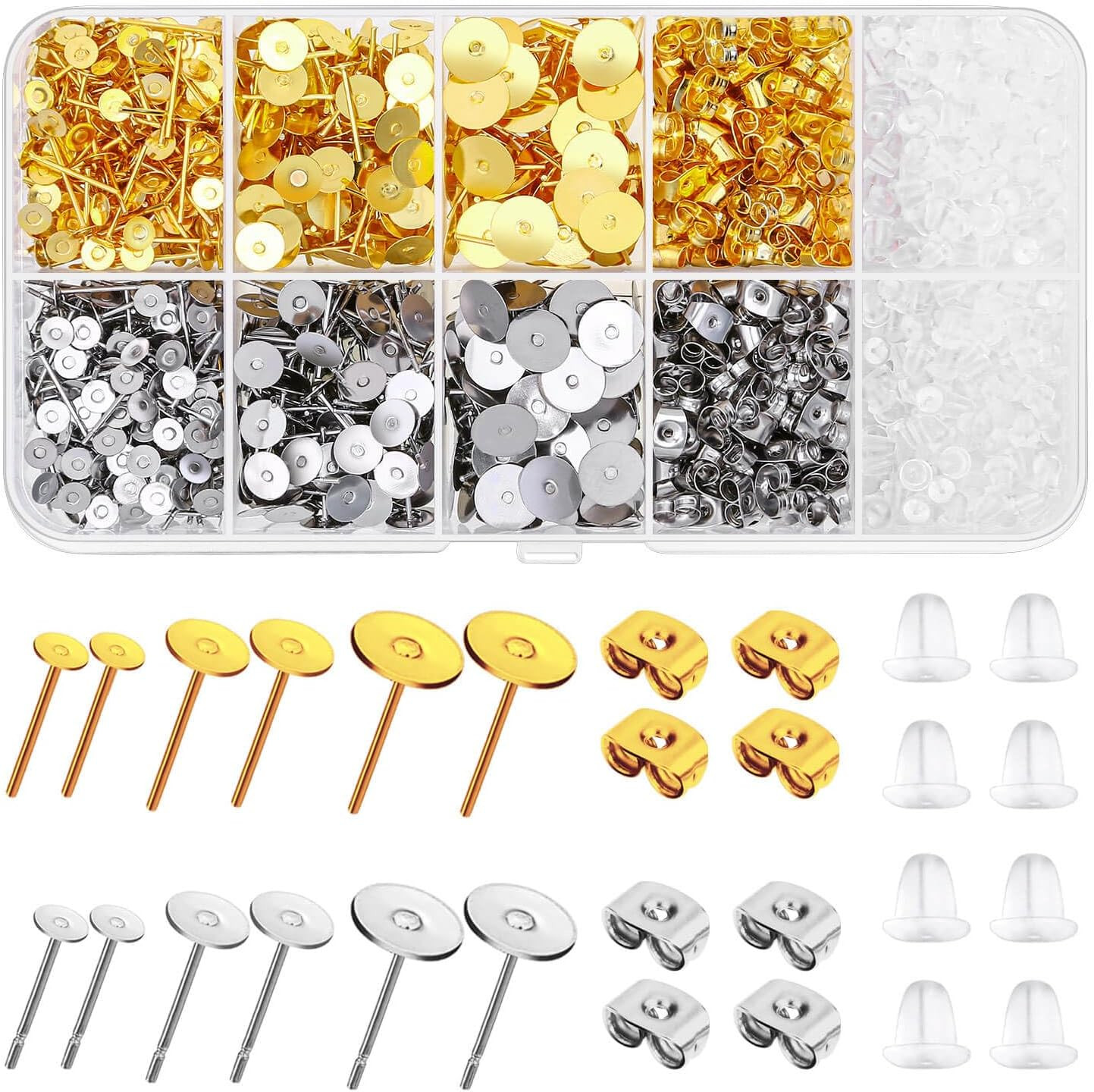 2000 Pcs Hypoallergenic Earring Posts and Backs Stud Earrings Making Kit Gold Si