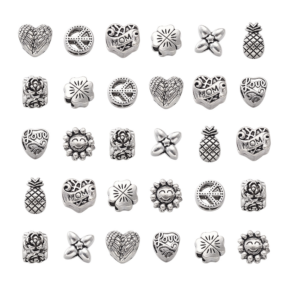 100g Tibetan Style Antique Silver Alloy Large Hole European Beads Mixed Shape