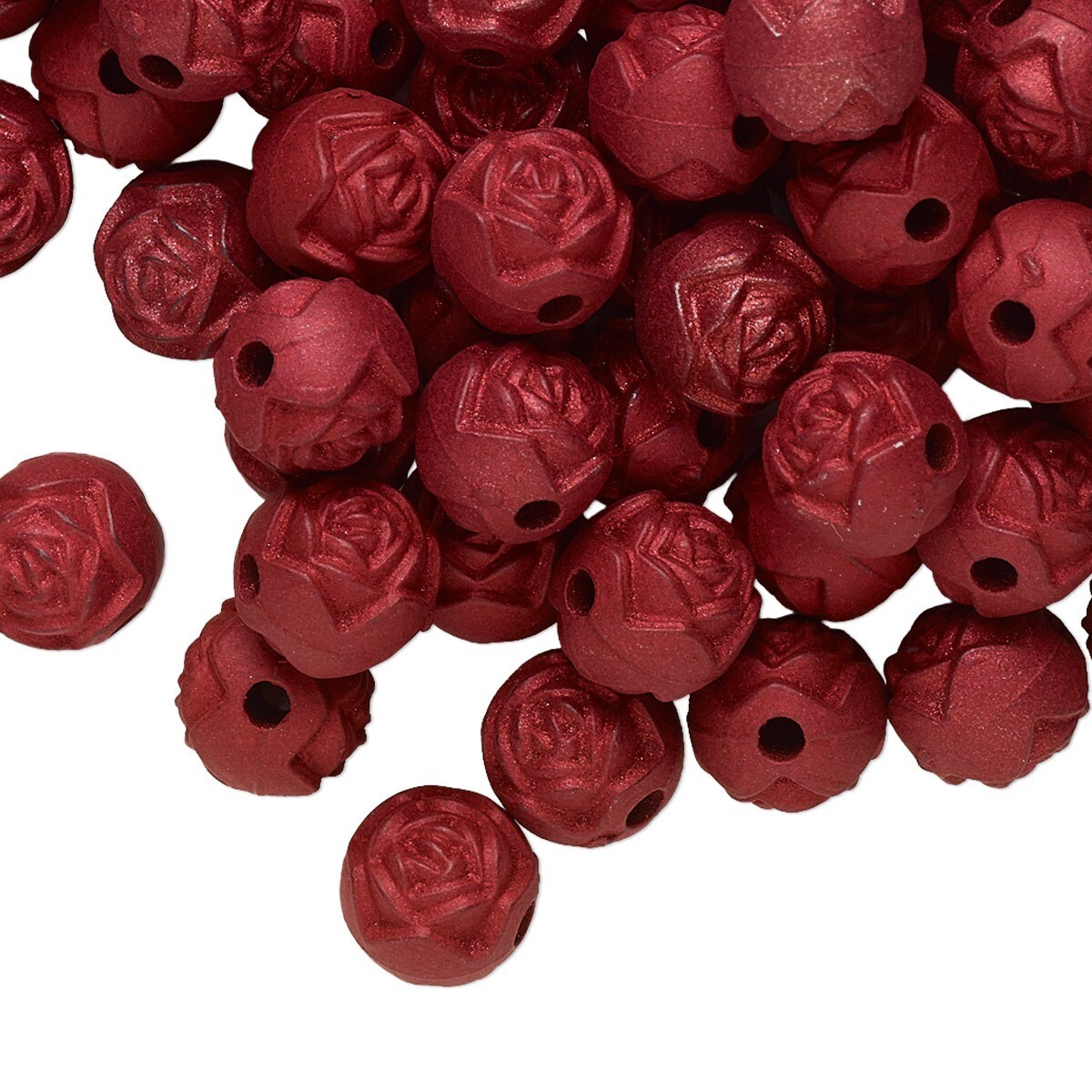 Bead, 100 Metallic Opaque Red Acrylic 8mm Round Rose Flower with 1.5mm Hole