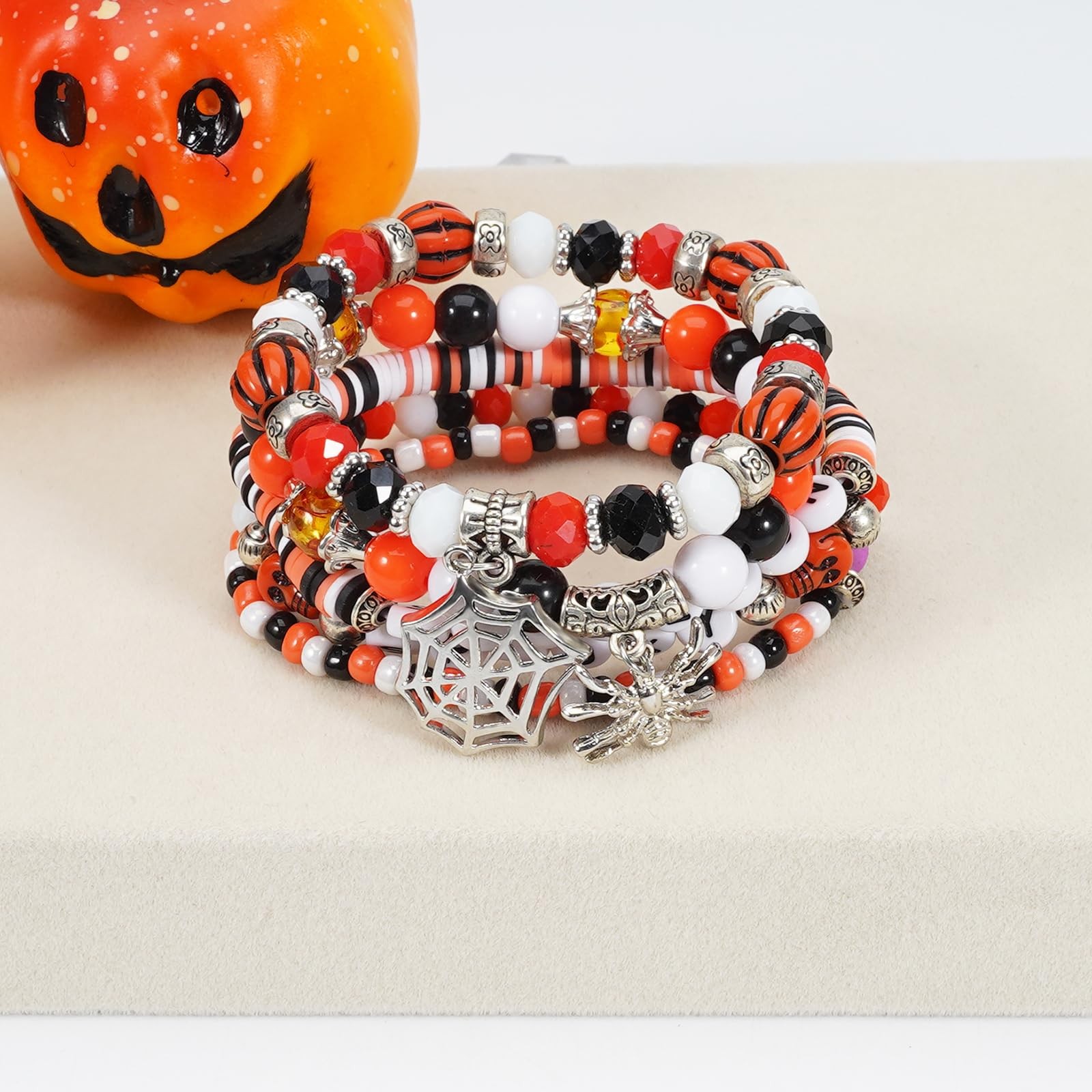 Halloween Spooky Bracelet Set Spider Web Skeleton Ghost Beaded Bracelet for Wome