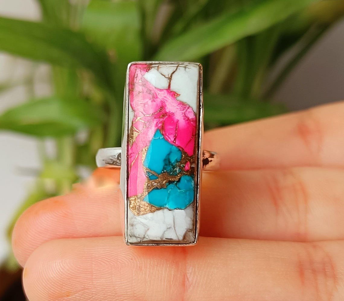 925 Sterling Silver Cotton Candy Turquoise Gemstone Handmade Women Rings B#472
