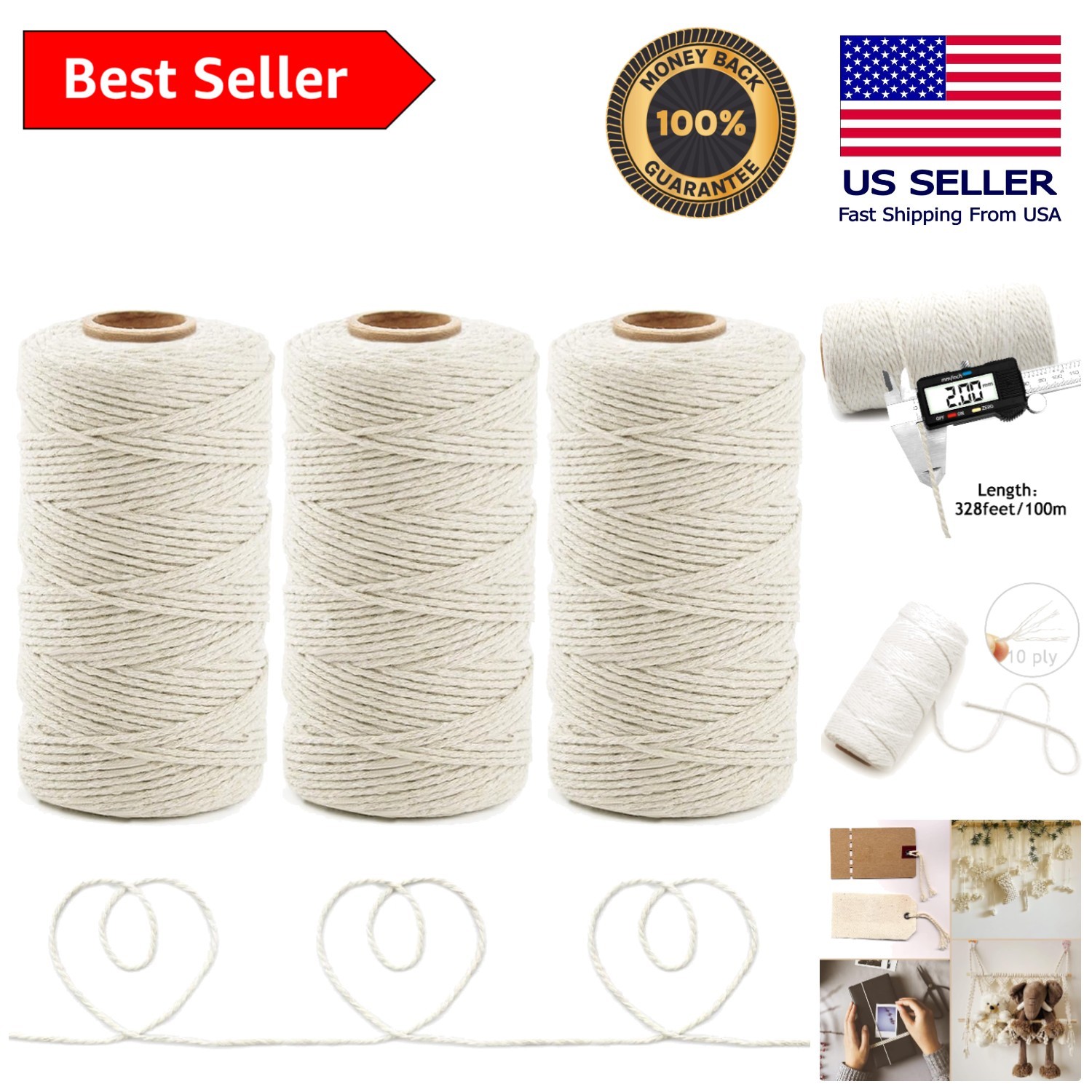 Elegant 984 Feet Cotton Twine Pack – 3 Rolls, 2mm, Perfect for All Occasions