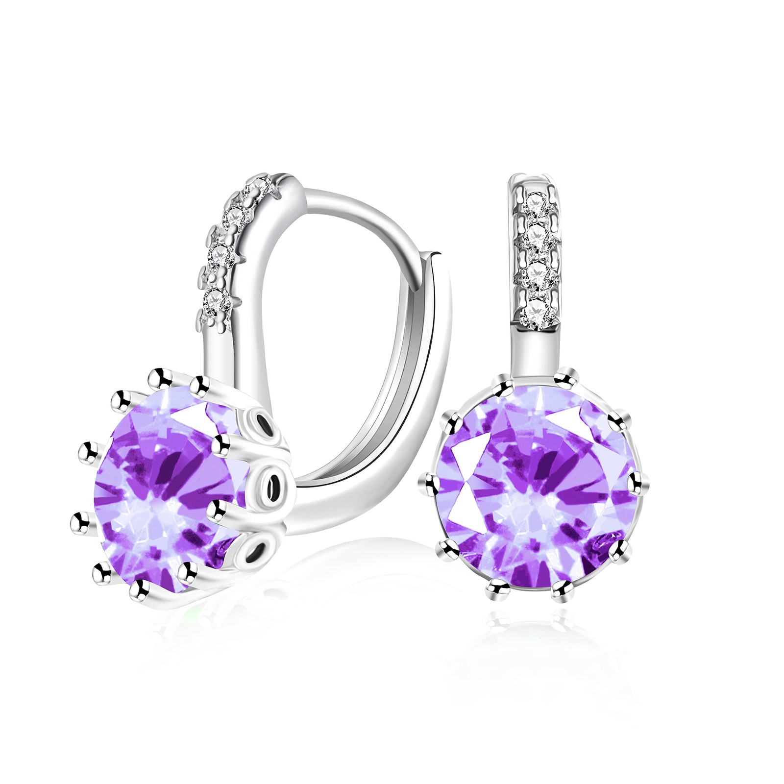 Platinum Plated Round CZ Lever Back Earrings Purple Crystal Birthstone Earrings
