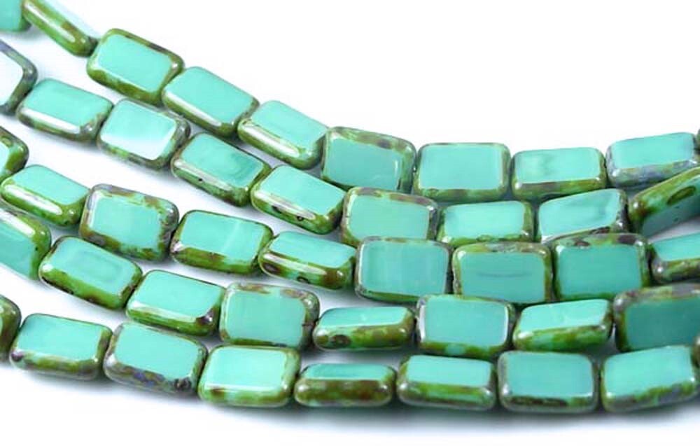 12 Czech Glass Rectangle Beads Turquoise – Picasso 12x8mm