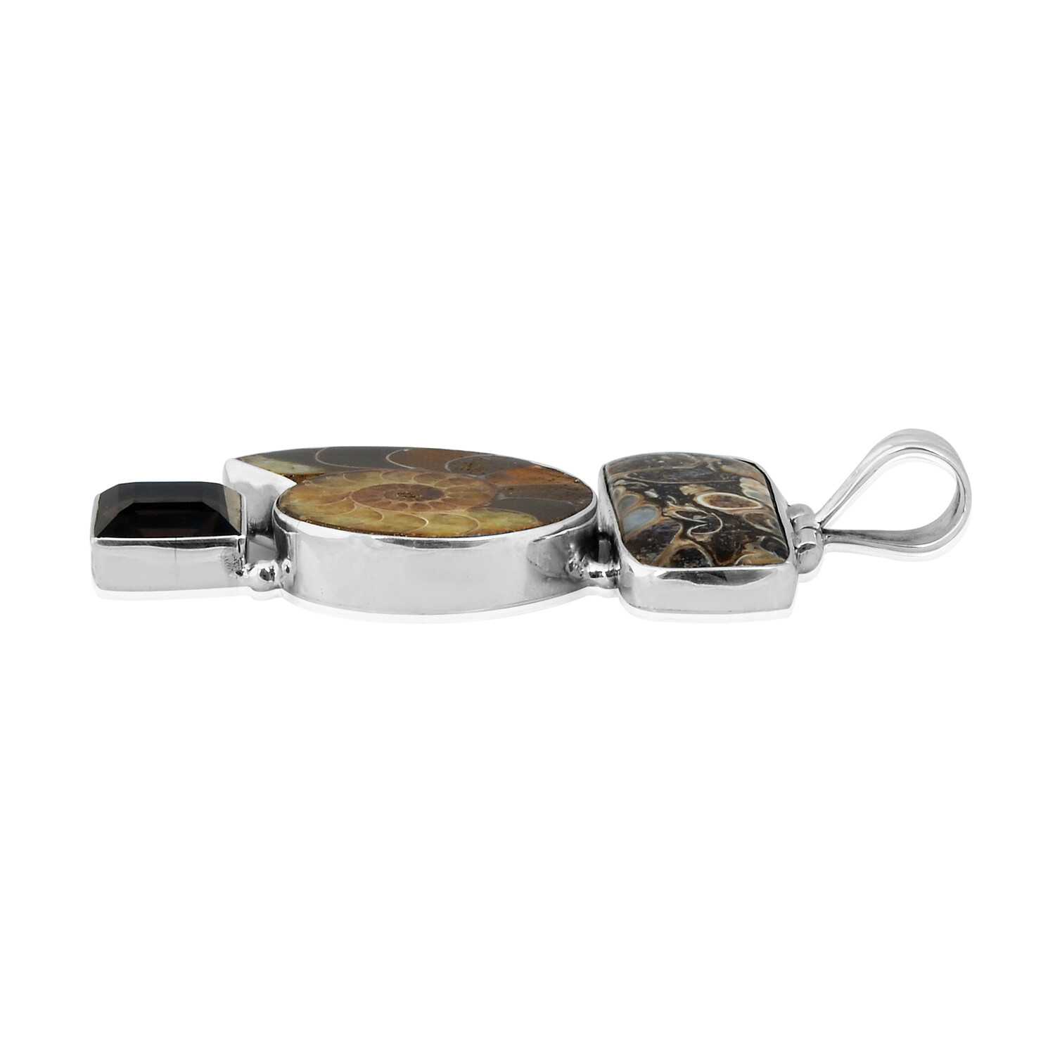 Pure Sterling Silver Ammonite,Jasper and Smoky Quartz jewelry Pendant/ Halloween