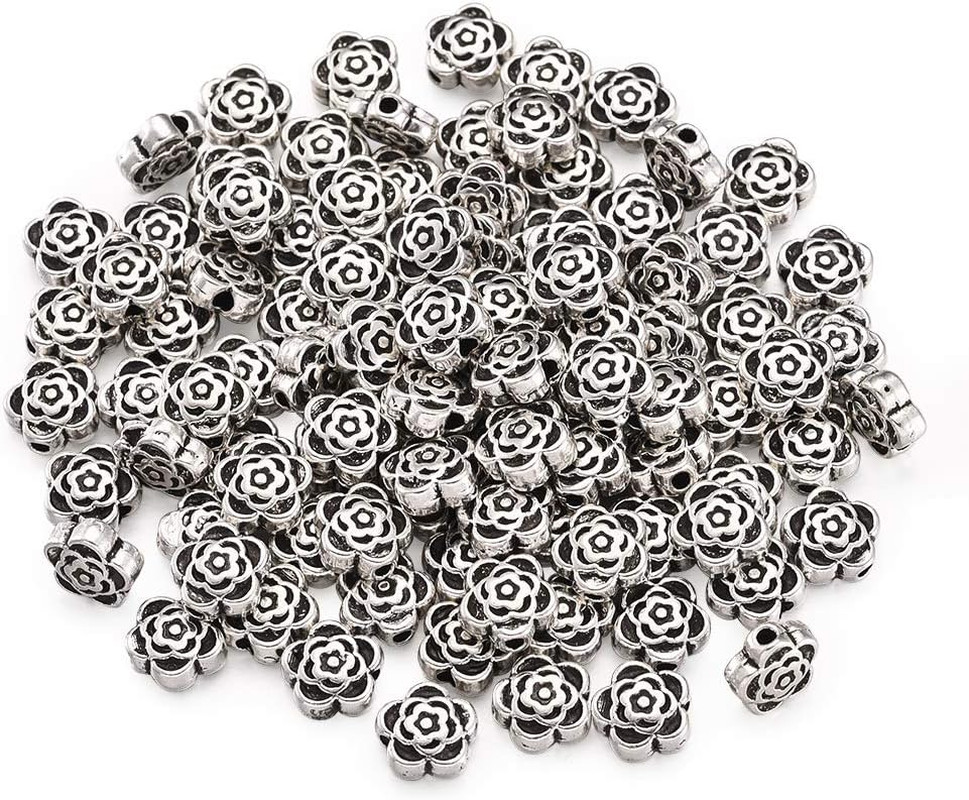 Pandahall 100Pcs Tibetan Silver Antique Silver Flower Bead Spacers Charms