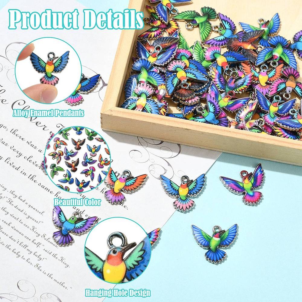 60pcs Random Bird Enamel Colorful Flying Animal Bird Dangle Charms for DIY Craft