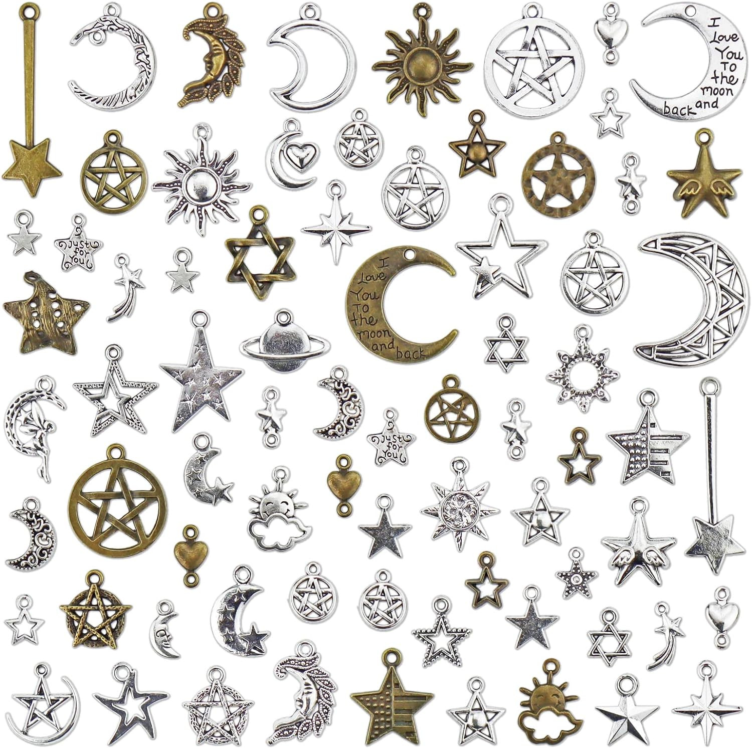 Celestial Mixed Sun Moon Star Charms, Wholesale Bulk Lots Antique Alloy Charms P