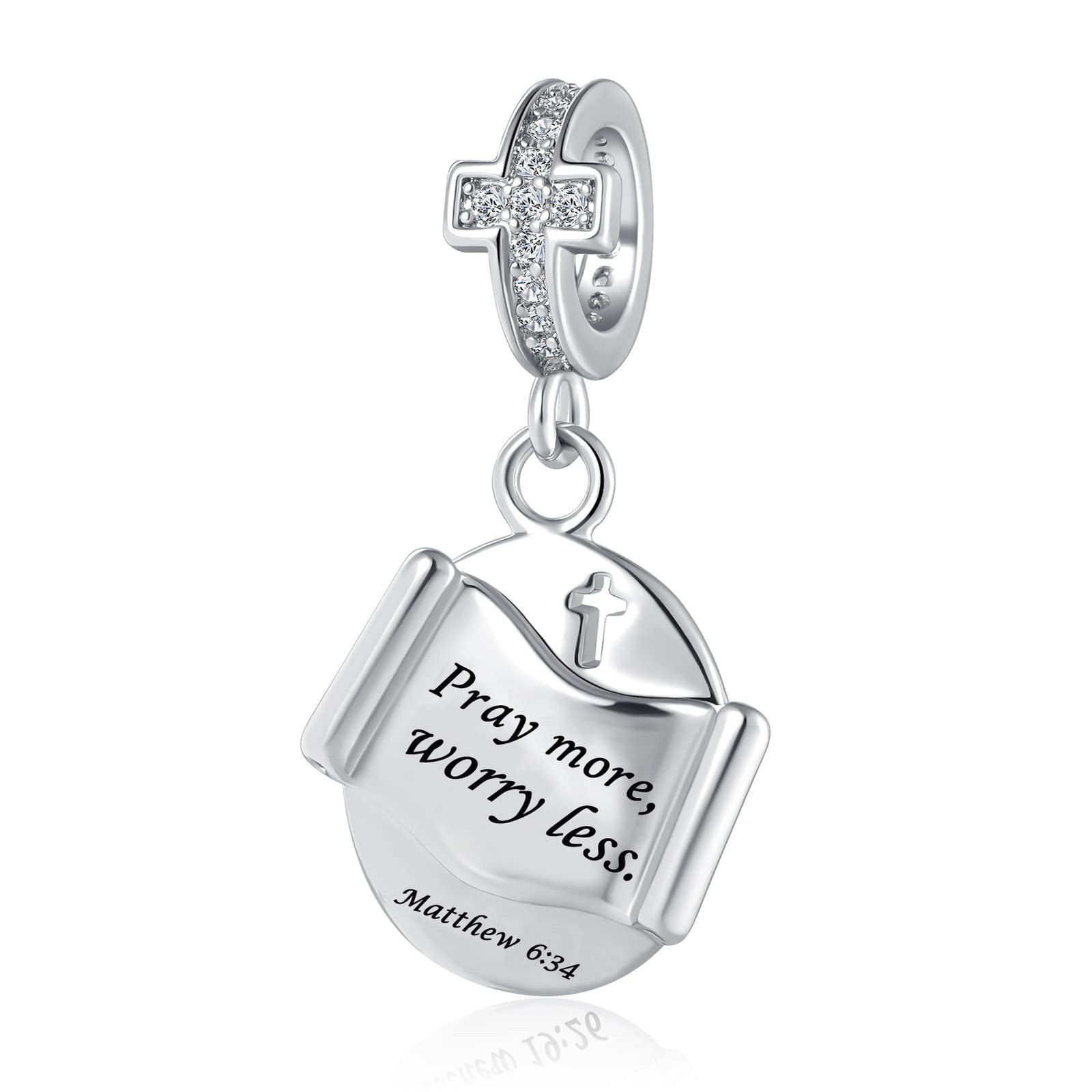 Religious Cross Charm Pray more worry less Matthew 6:34 Prayer Bible Christian K