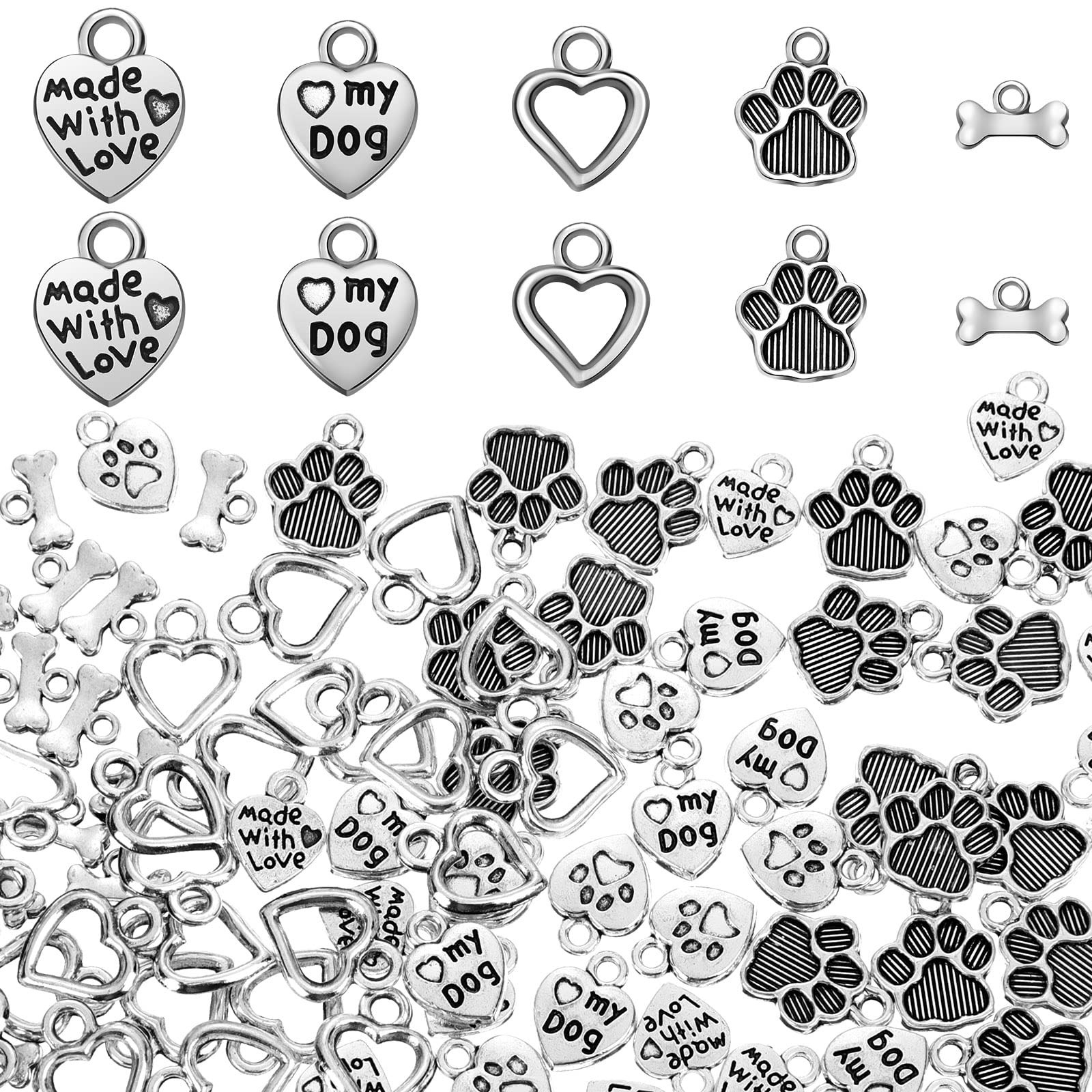 Junkin 120 Pieces Animal Dog Paw Charms Heart as shown in the picture, silver