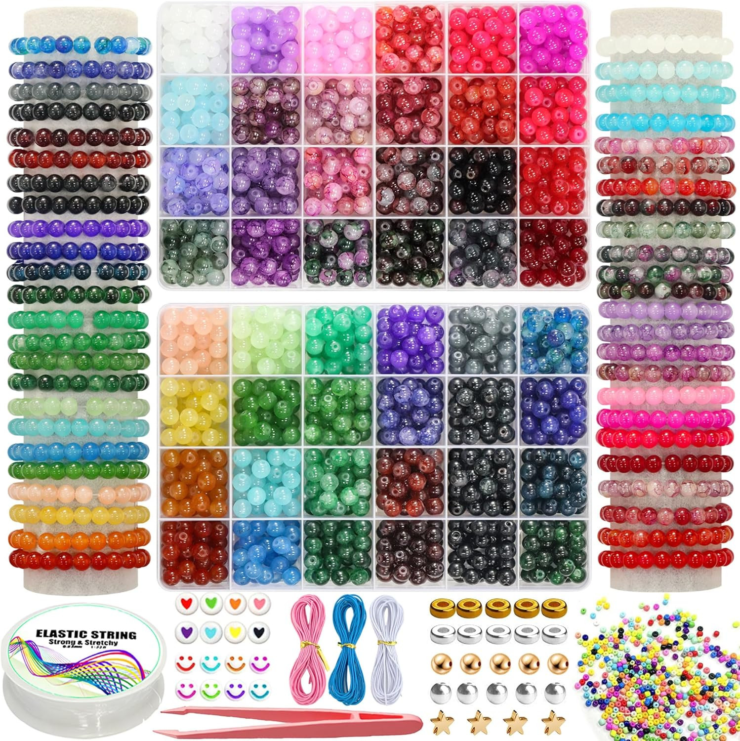 8MM 48Color Glass Beads for Bracelet Making Kit, 1700Pcs+ round Crystal Glass Be