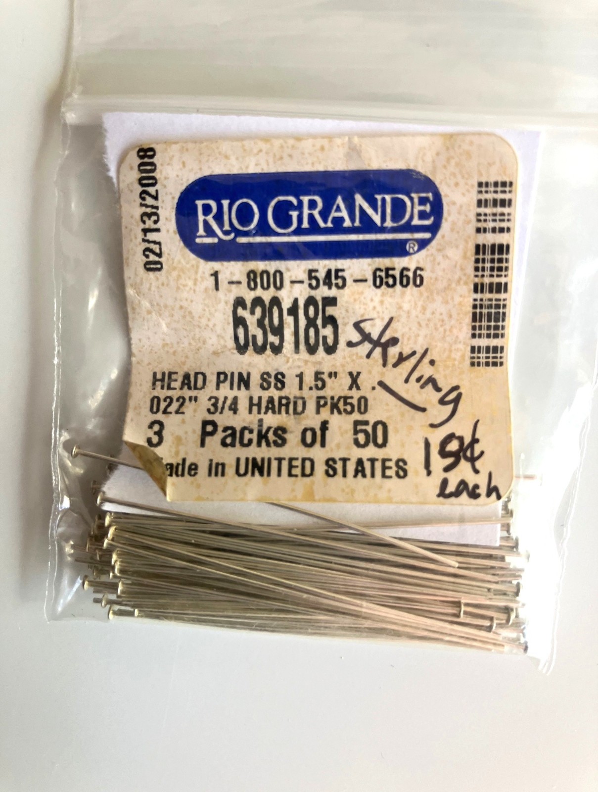 Sterling silver head pins 1.5″ Rio Grande USA made pack of 88 .925 3/4 hard .022