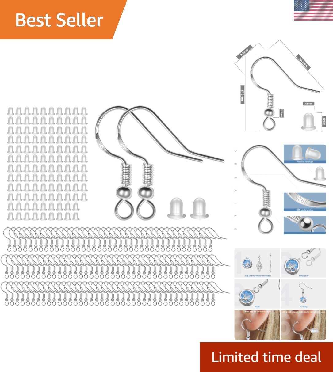 120 PCS Sterling Silver Fish Hook Earring Findings with Silicone Backs
