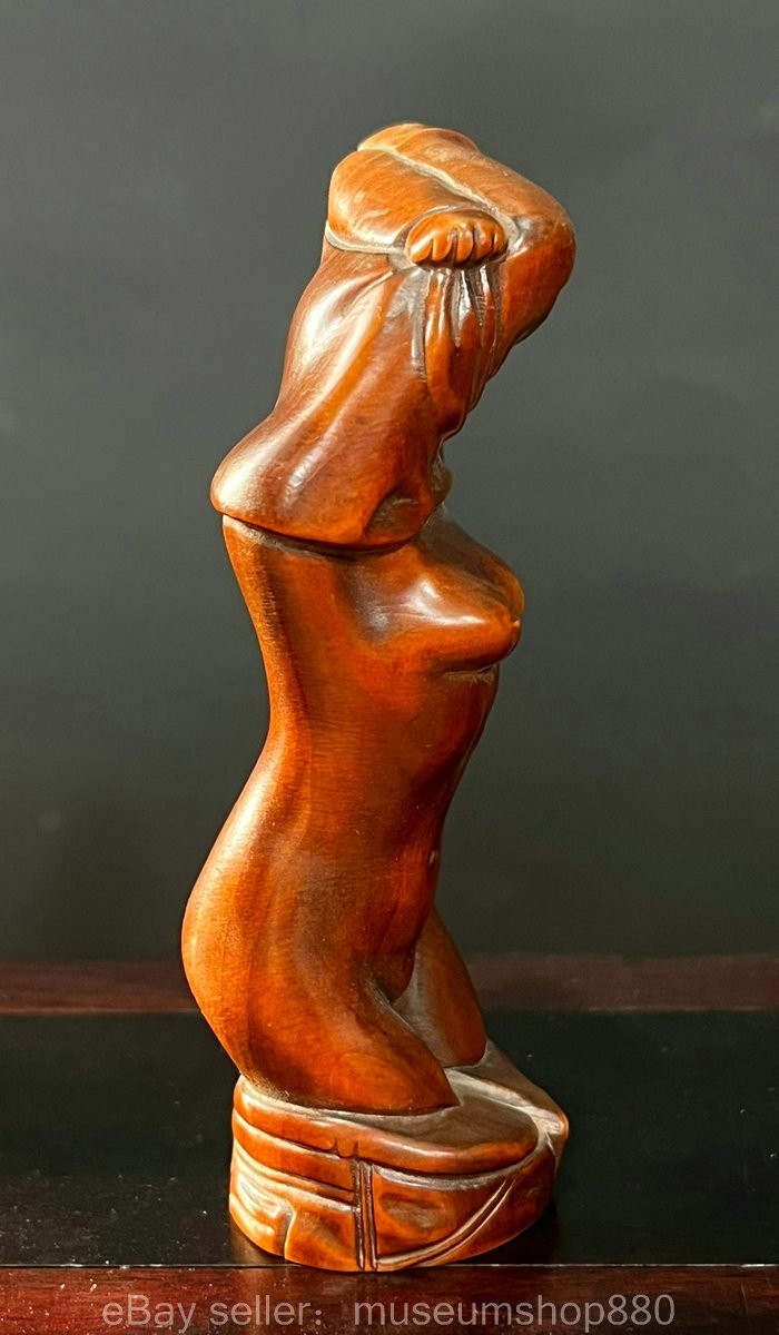 4″ Old Chinese Boxwood Wood Carving Beautiful woman People Statue