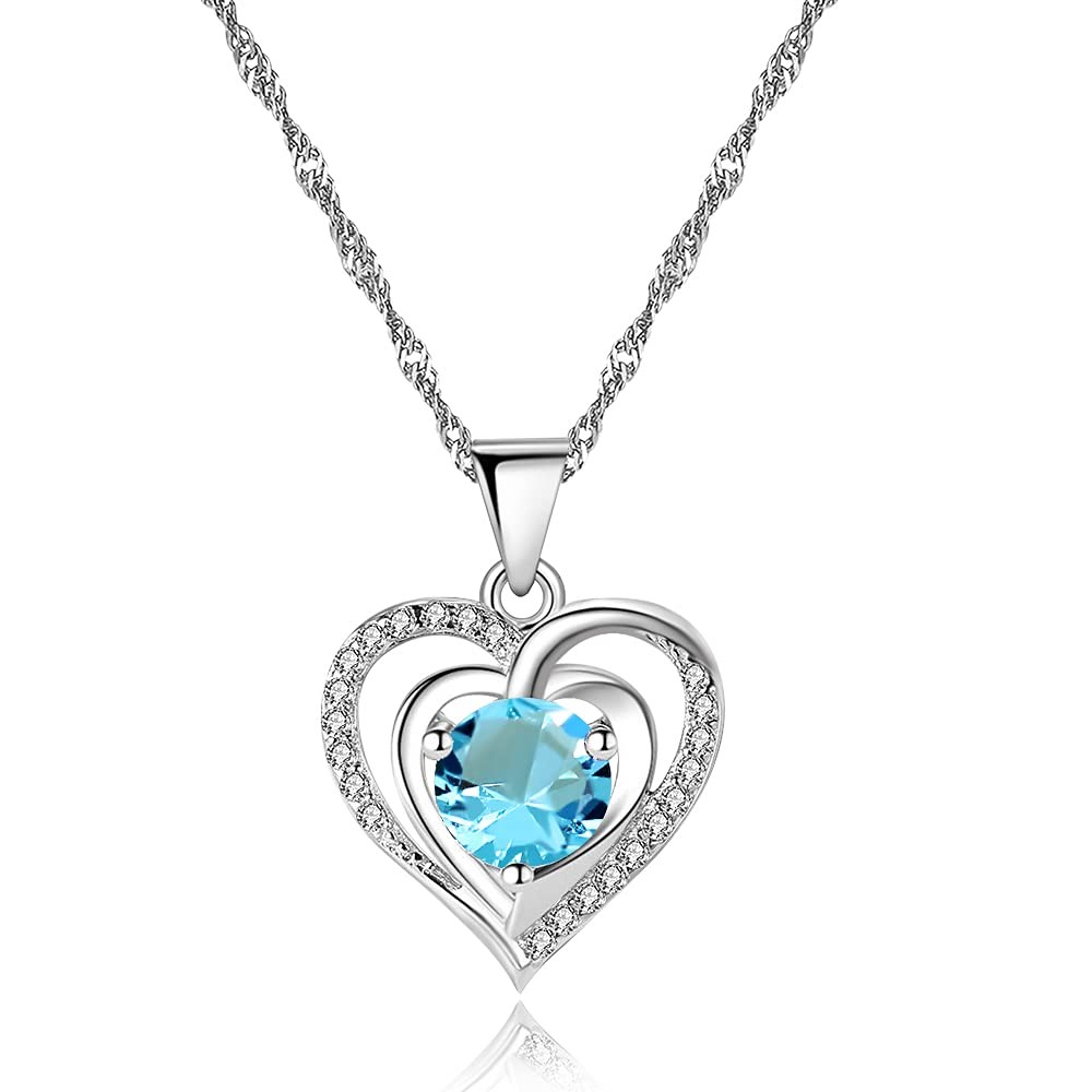 Platinum Plated Blue Crystal Heart Pendant Necklace Round Cubic Zirconia Double