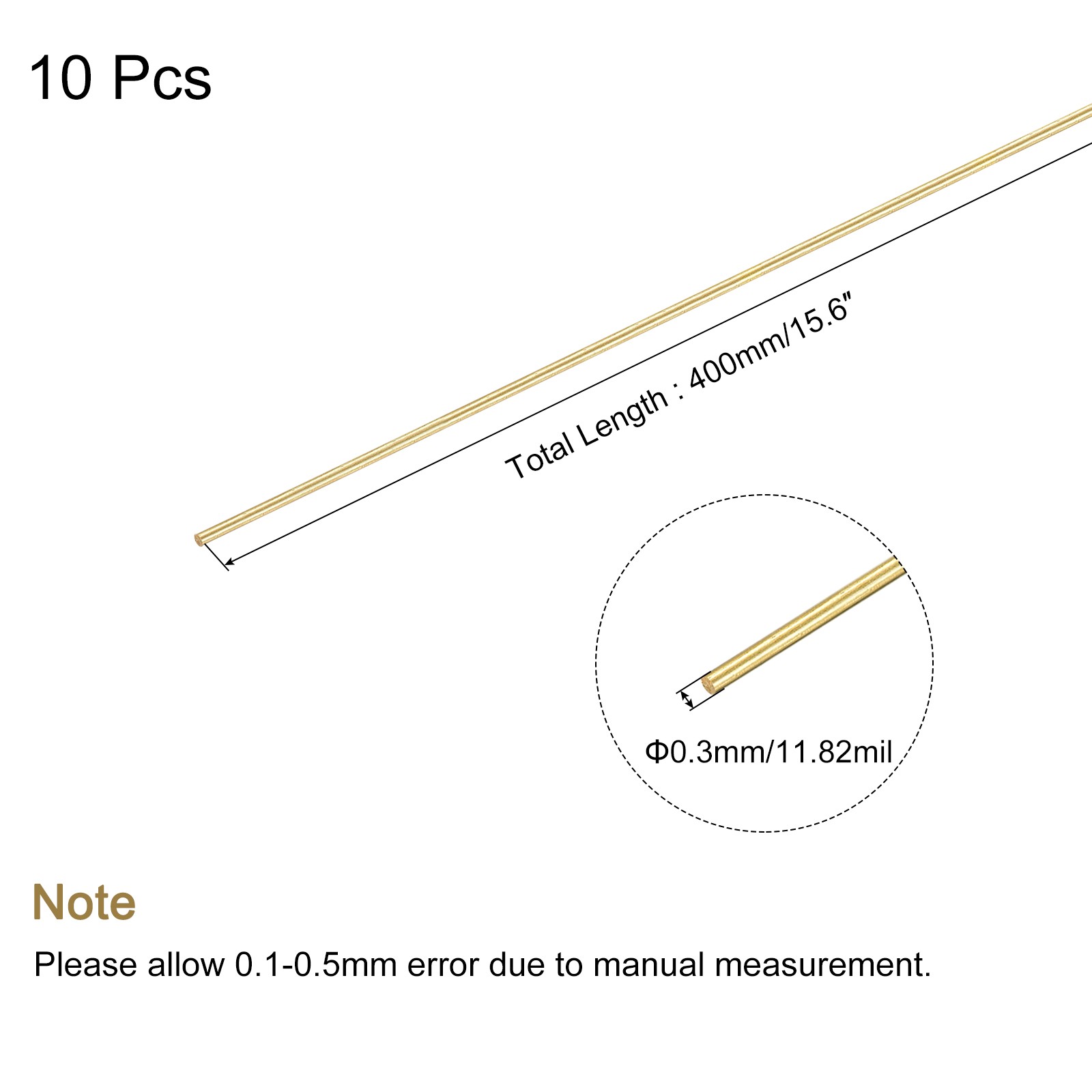 0.3mm x 400mm,Brass Round Wire,Assorted Half Hard Wire for Jewelry Making,10Pcs