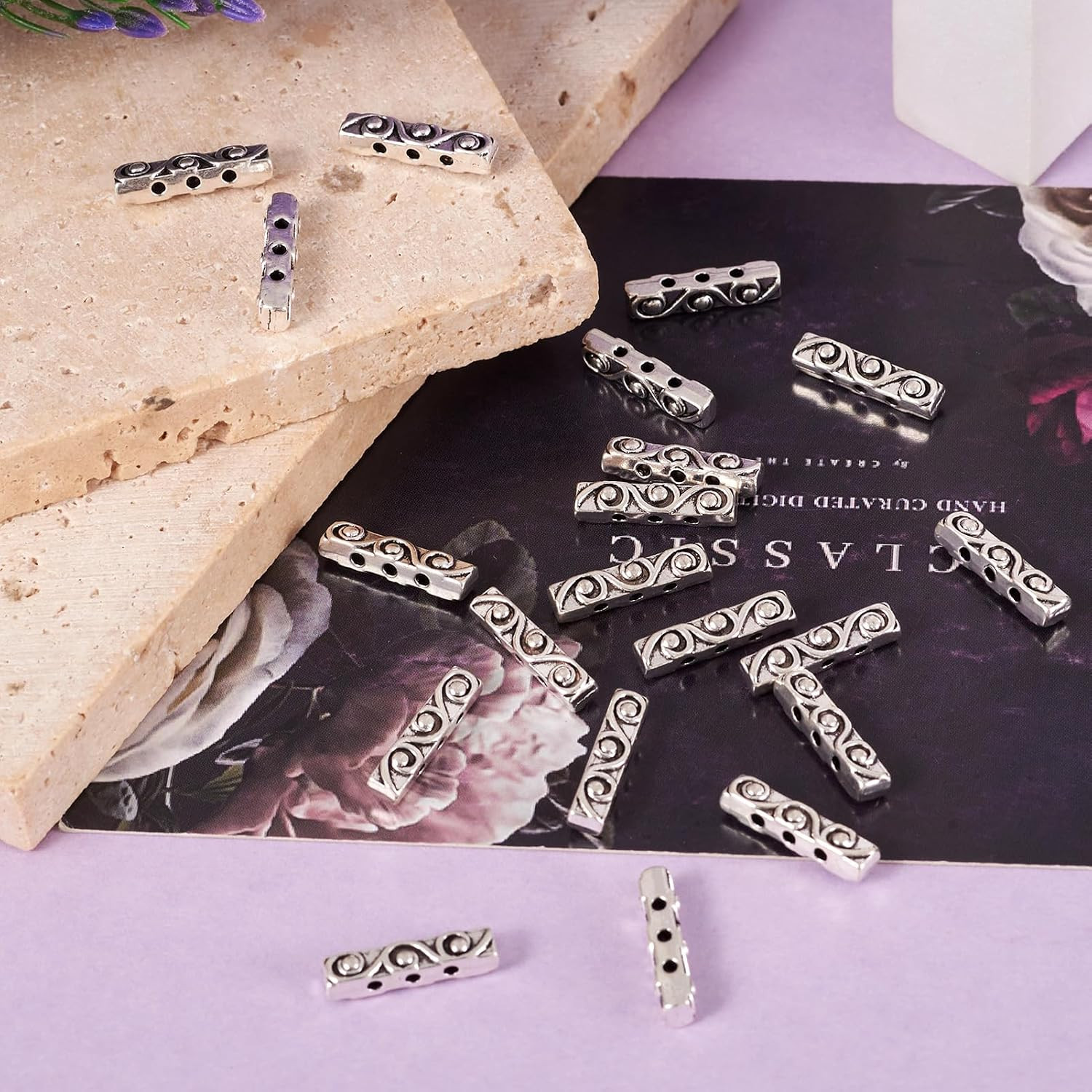 Pandahall 20Pcs Tibetan Style Antique Silver Alloy 3 Holes Rectangle Spacer Bar