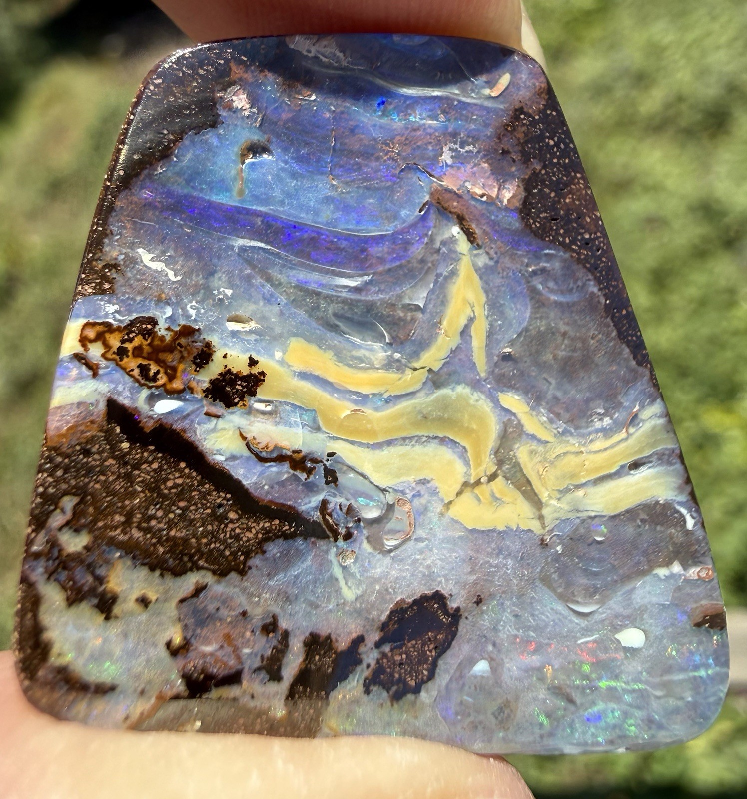 Australian Boulder Opal Cabochon. 1 3/8”x 1 5/16”x 1/8”, 0.3 oz. Polished front