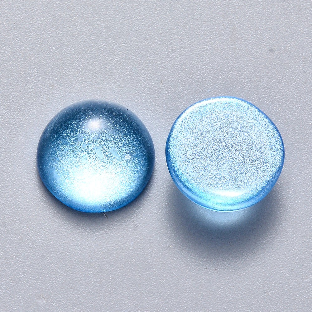 100x Deep Sky Blue Glitter Powder Transparent Spray Painted Glass Cabochons12mm