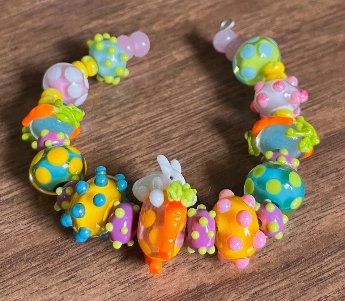 29ct. Set Handcrafted Lampwork Beads Bunny & Carrots Colorful for Jewelry Making