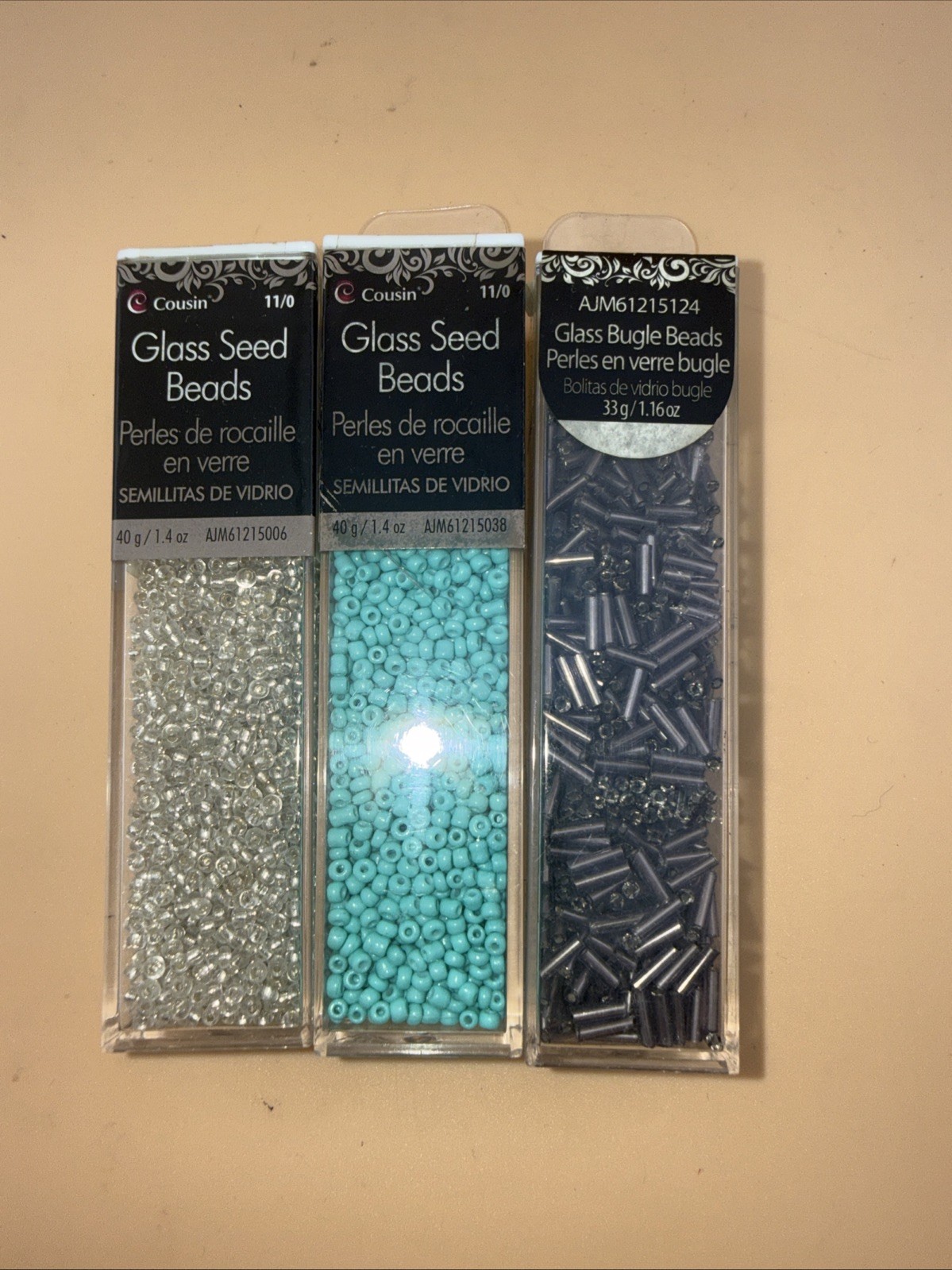 3-Cousin DIY 1.41 & 1.16 Oz. Silver, Clear & Teal Seed Beads New Old Stock