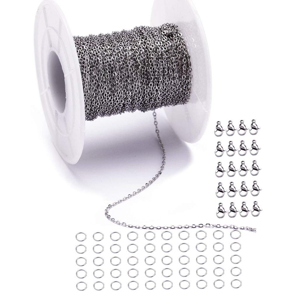 33 Feet Stainless Steel Flat Chain Width 1.0mm+20pcs Clasps+50 Rings, Silver