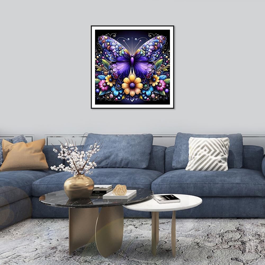 Diamond Art Kit Purple Butterfly for Adult, Round Diamond Painting Kit for Beg