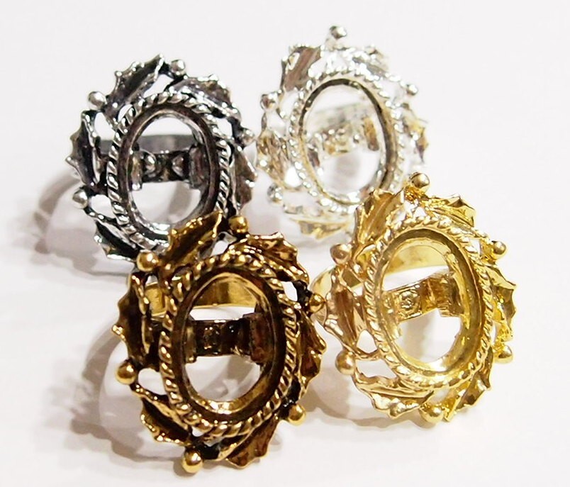 4 Colors of 18x13mm Victorian Art Deco Wreath Leaves Adjustable Ring Settings