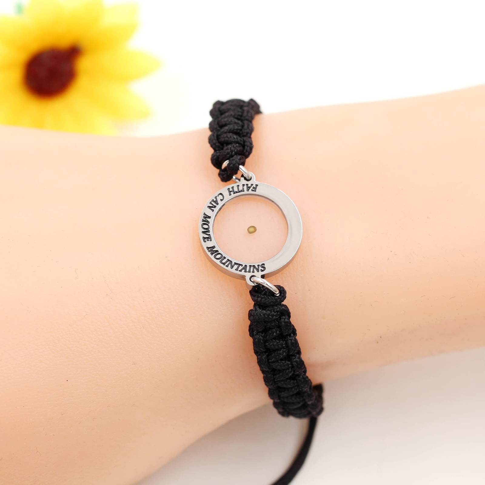 Handmade Black Braided Rope Bracelet with Round Mustard Seed, Engraved Faith Can