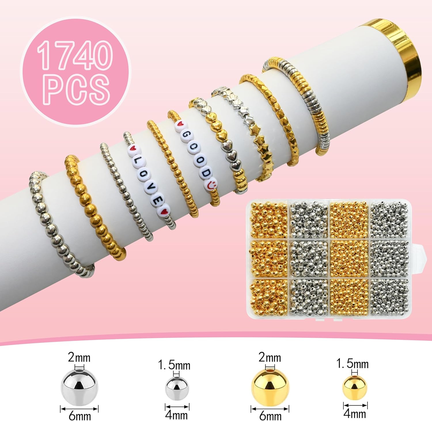 1740Pcs Spacer Beads 4Mm and 6Mm,Gold and Silver Assorted round Beads for Bracel