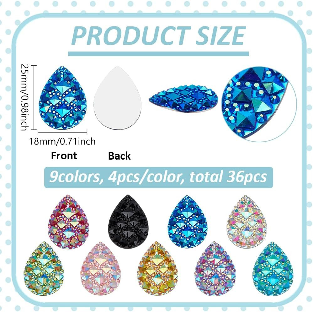 36 Pcs 9 Colors Teardrop Resin Flatback Cabochons 1X0.7Inch Colorful Teardrop Ge
