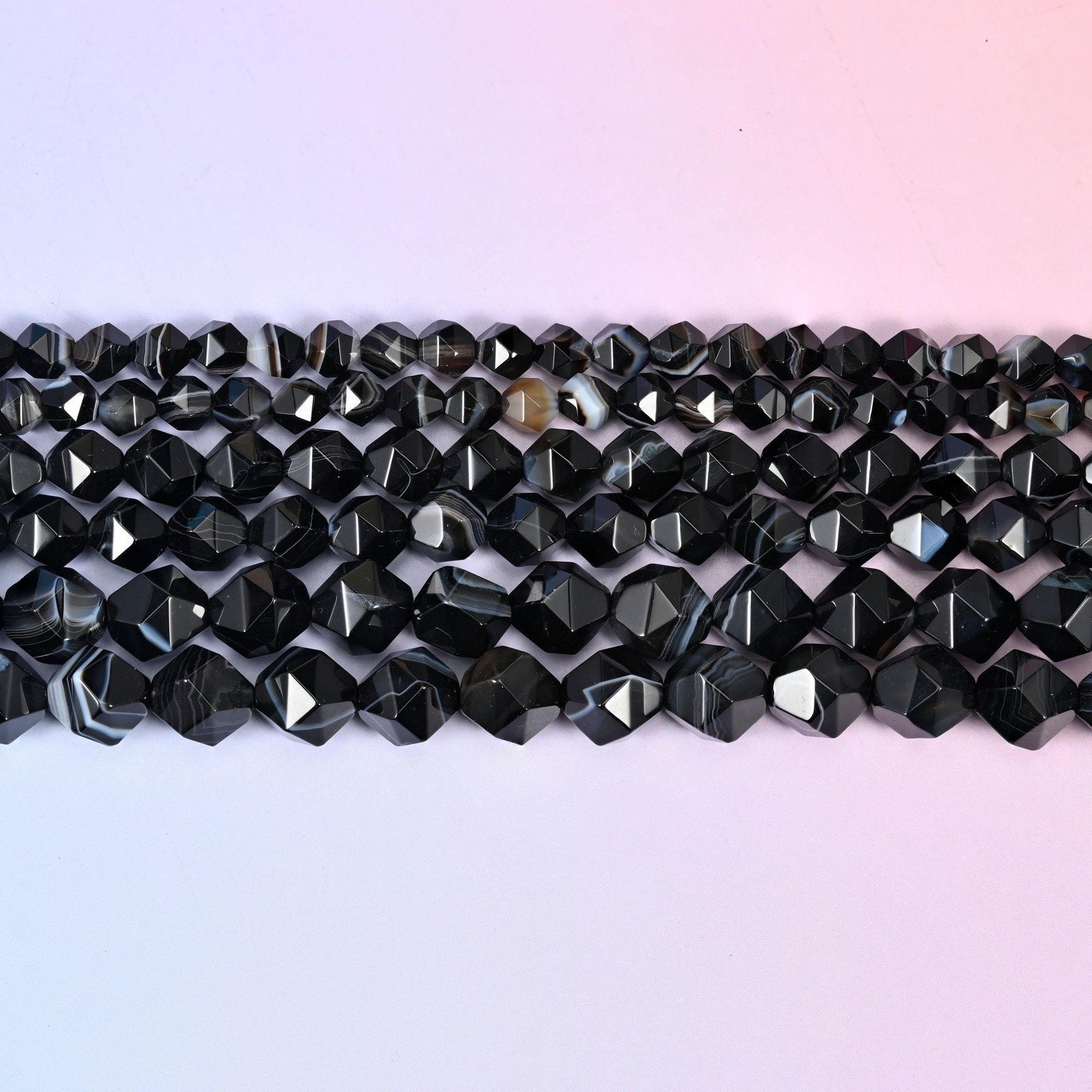 Black Strip Agate Beads: Faceted Diamond Star Cut, 6-10mm, 15.5 inch Strand
