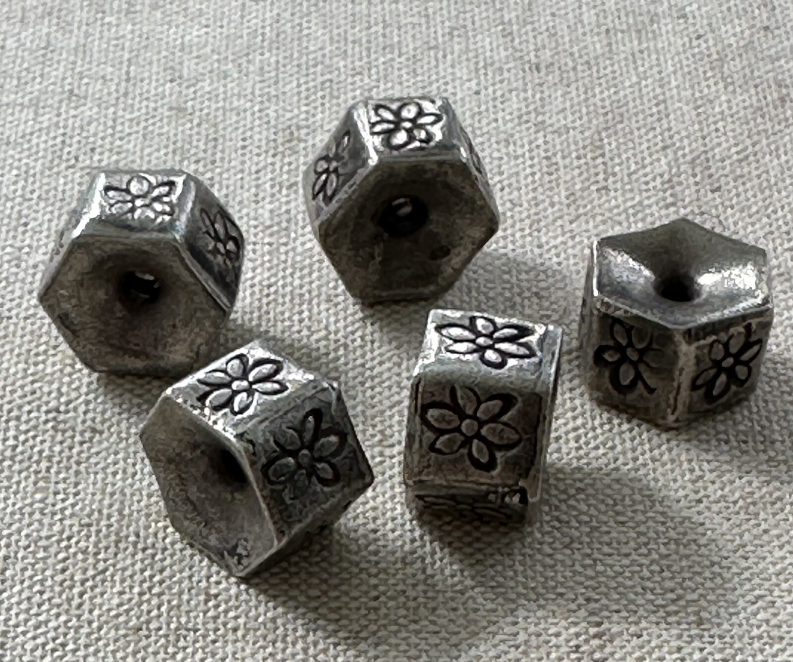 Thai Karen Hill Tribe Silver Bead Artisan Hexagon Floral Stamped Handmade