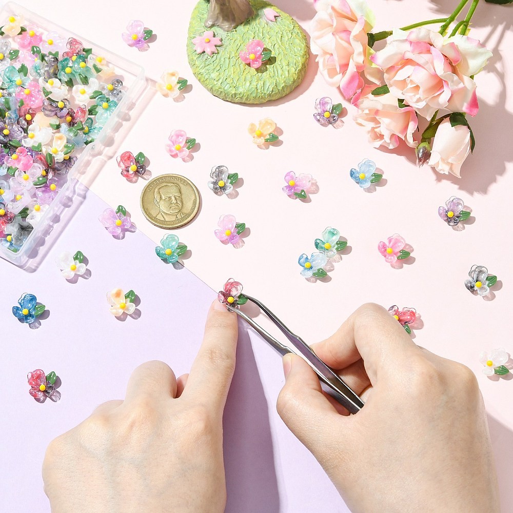 100pcs Transparent Resin Flower Cabochons with Glitter Powder for Crafts Phone