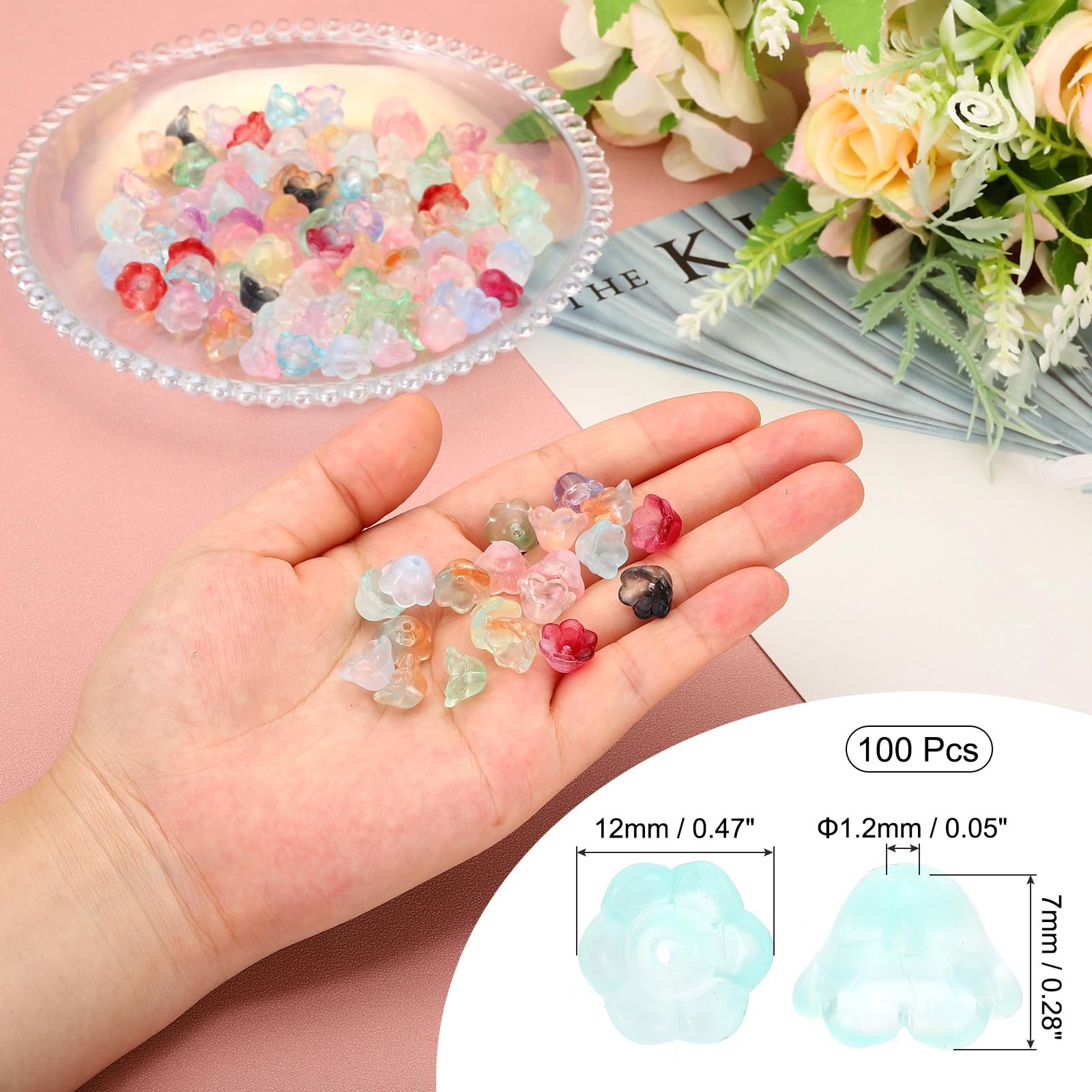 Glass Trumpet Flower Beads, 100 Pcs Gradient Flower Bead Charm for Jewelry Ma…