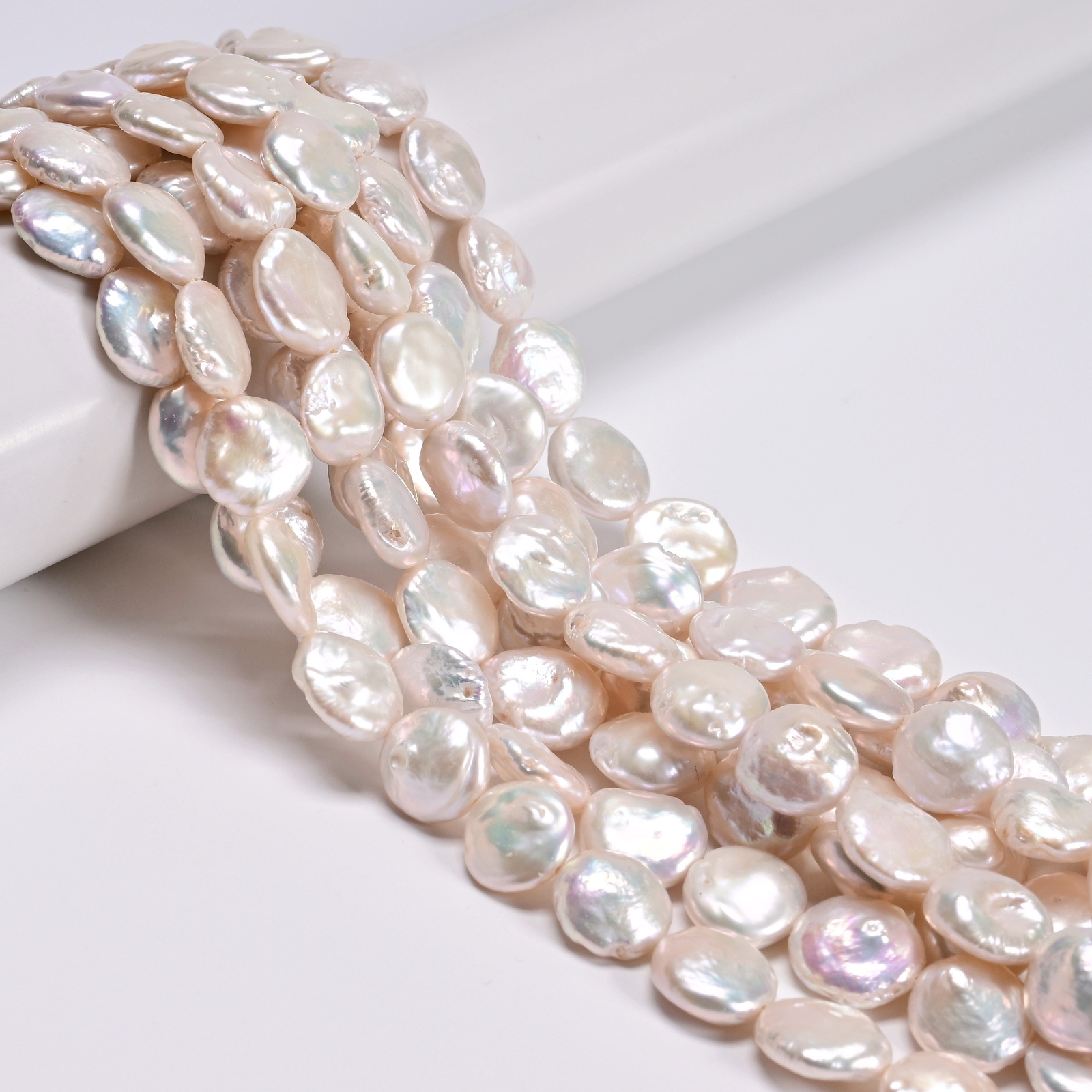 High Grade White Fresh Water Pearl Coin Shape Beads Size 12-13mm 15.5” Strand