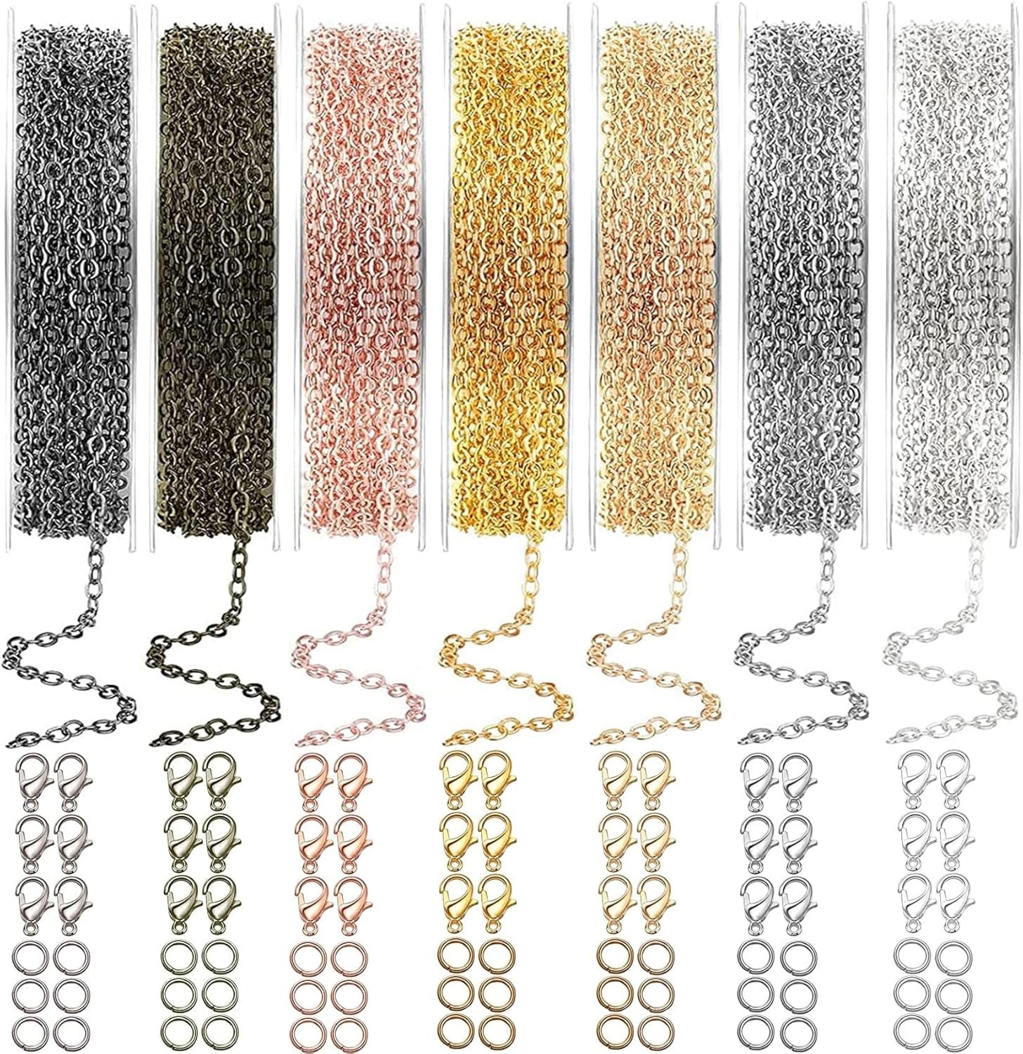 Versatile 90ft Jewelry Chain Roll – 2mm Alloy Metal with 70 Clasps & 210 Rings