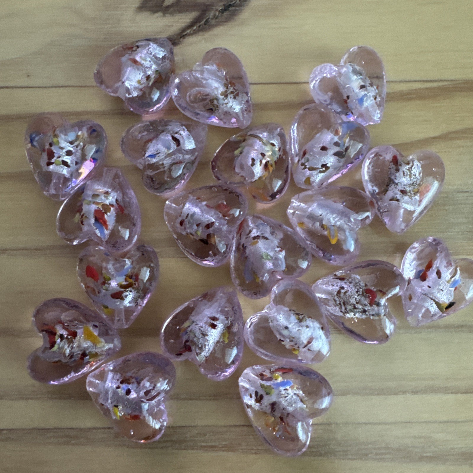 20  PINK CONFETTI HEART – Lampwork Glass Beads approx 15mm DIY