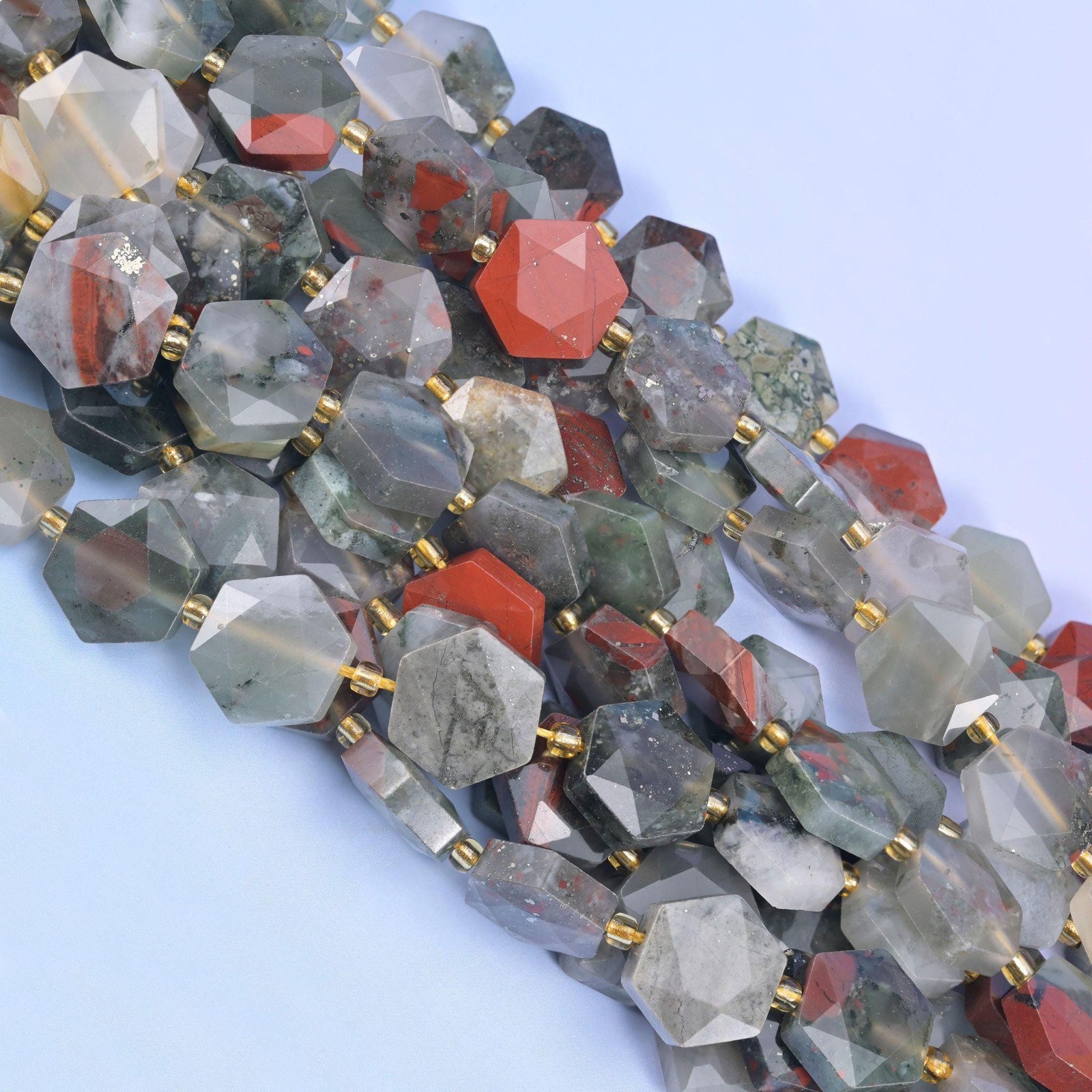 African Bloodstone Flat Faceted Hexagon Beads 12mm 15.5 Inch Strand