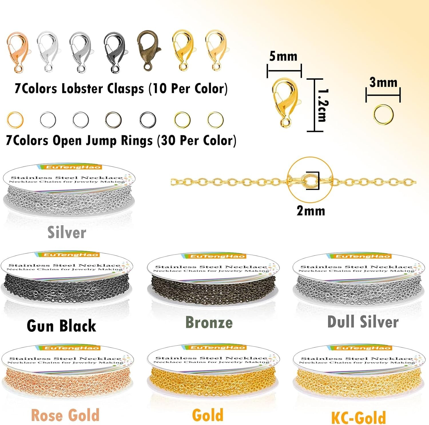 Versatile 90ft Jewelry Chain Roll – 2mm Alloy Metal with 70 Clasps & 210 Rings