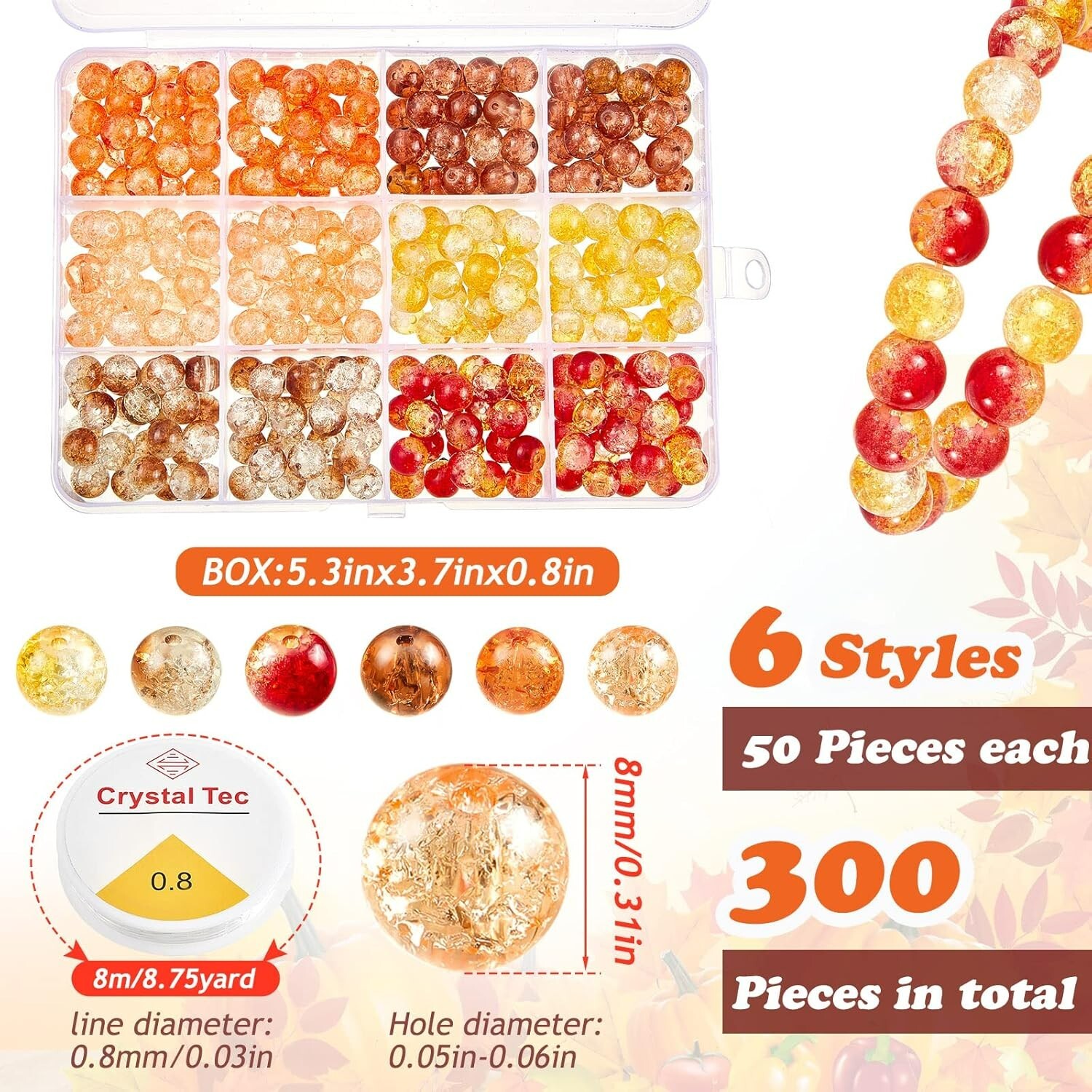 300 Piece Crackle Glass Beads 8mm for Jewelry Making Loose Round Beads 6 Styles