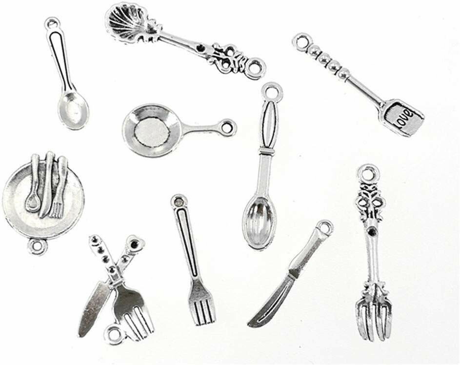 Kitchen Charms Antiqued Silver Cooking Pendants Chef Miniatures Fork Plate 10pcs