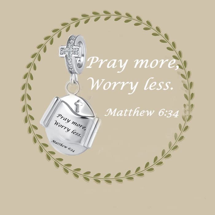 Religious Cross Charm Pray more worry less Matthew 6:34 Prayer Bible Christian K