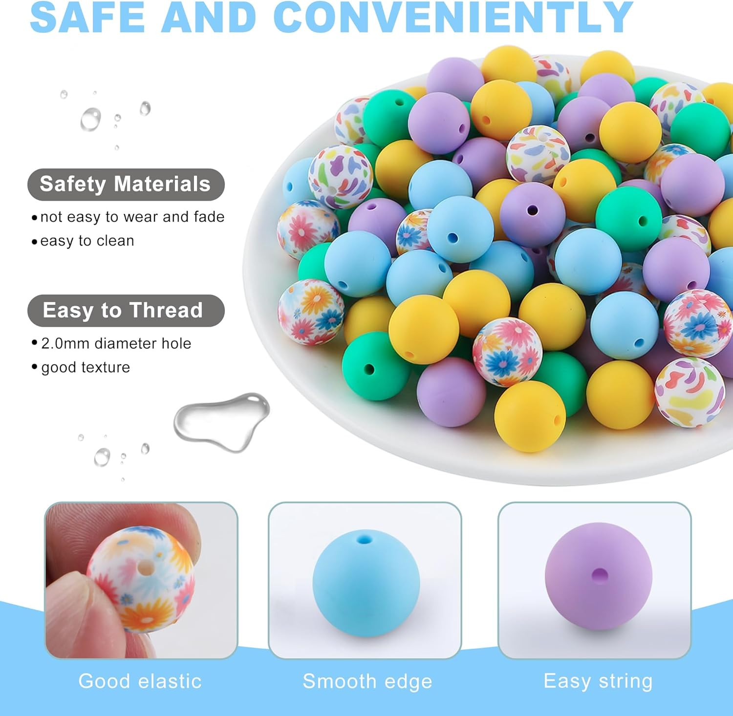 150Pcs Mixed Color 15mm Silicone Beads for Keychain Making, Blue Purple Flower P