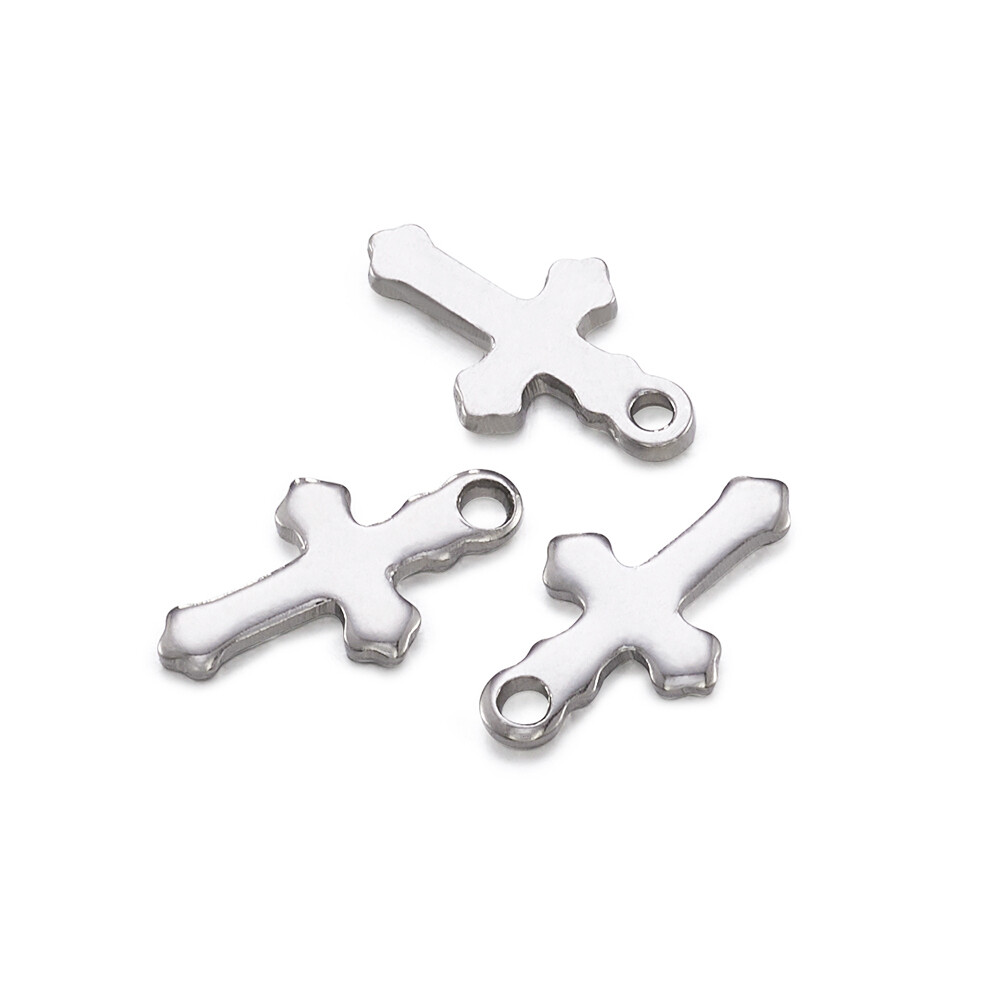 100pcs 304 Stainless Steel Cross Charms Pendants Steel Color 12x7x1mm Hole 1.5mm