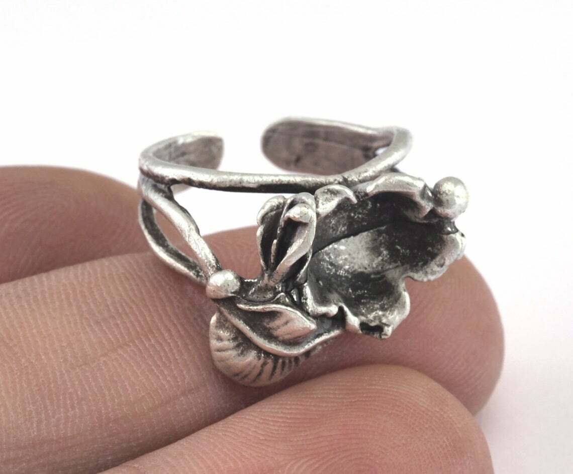 Flower Leaf Adjustable Ring Bezel – Antique Silver Plated brass (17mm 7US) 2986