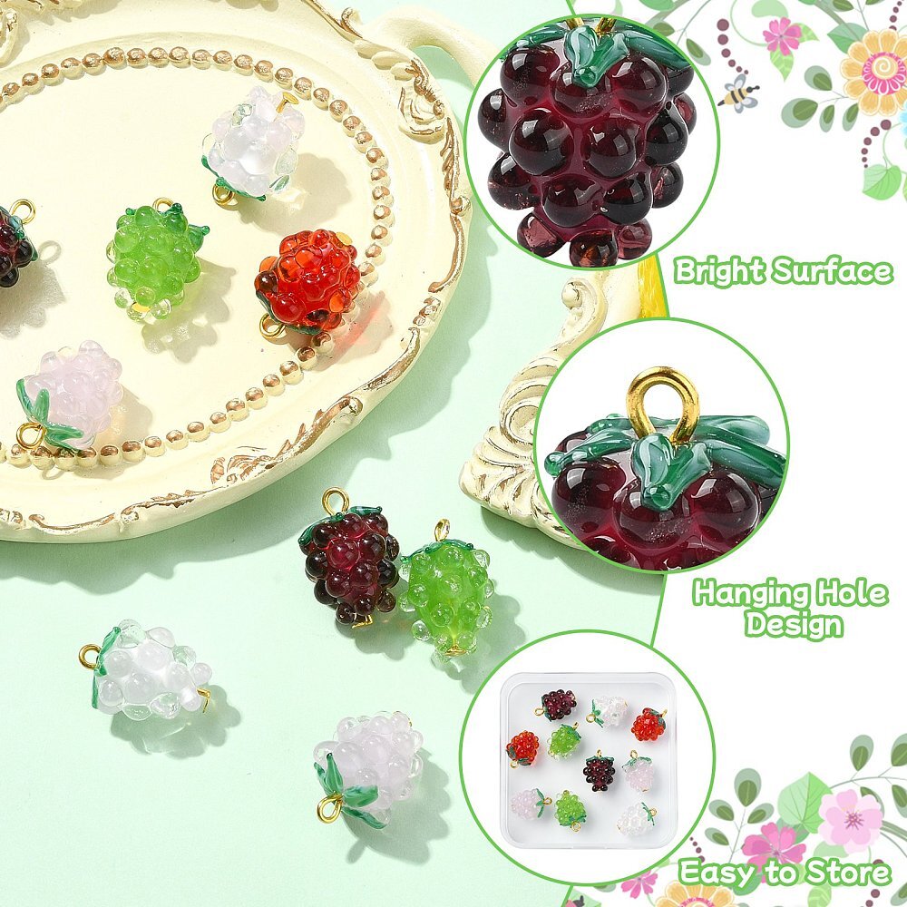 10pcs Cute Grape Lampwork Glass Charms Mini Food Fruit Charms for DIY Jewelry
