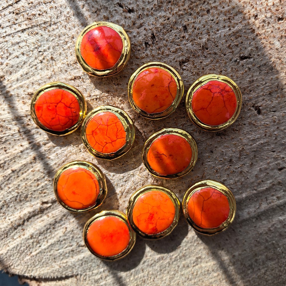 10 Pcs Orange Turquoise Coin Shape Spacer Beads Gold Plated Bezel Set Connector