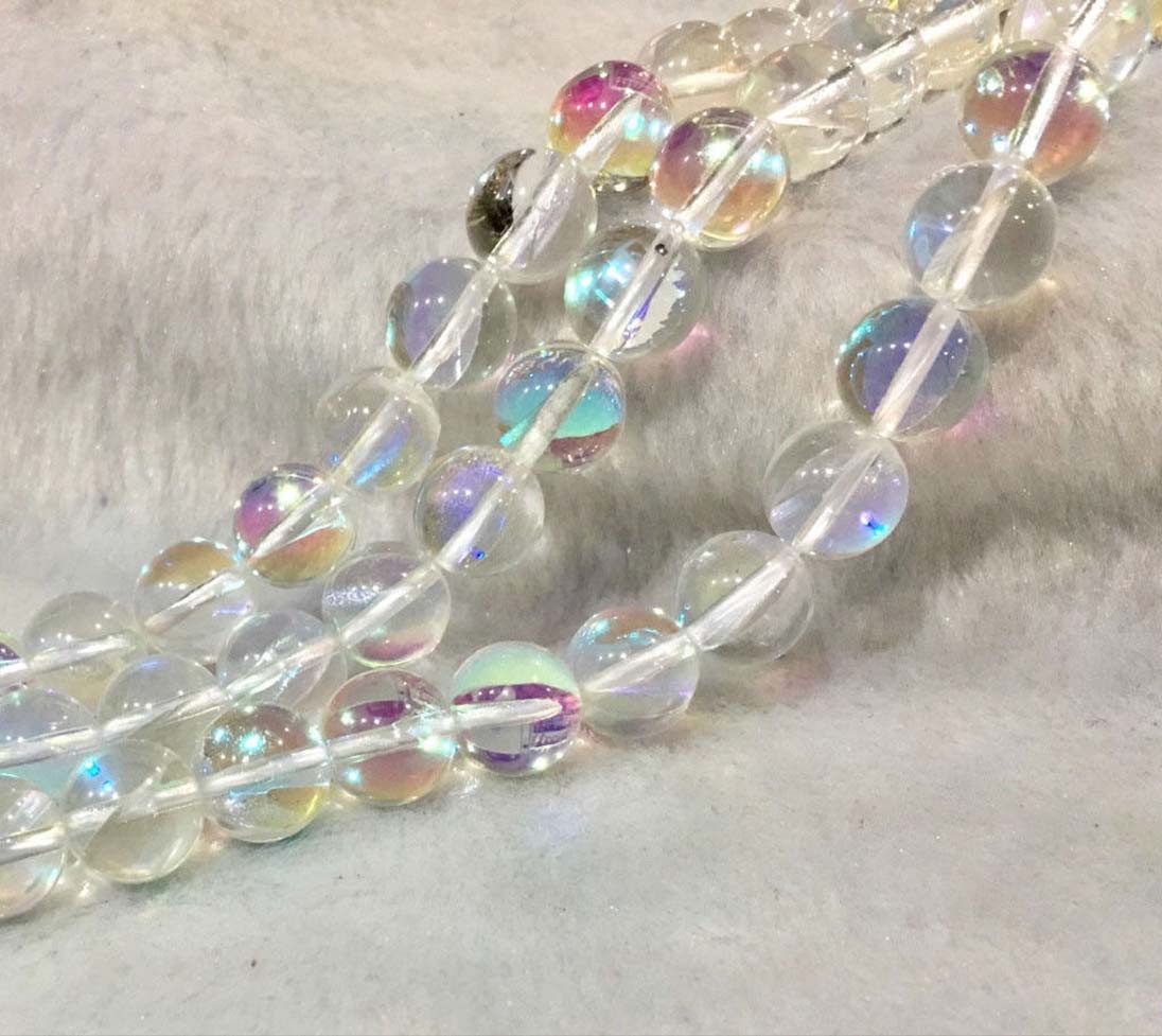 White 6-12mm Rainbow Moonstone Round Glossy Loose Beads 15″ Exquisite