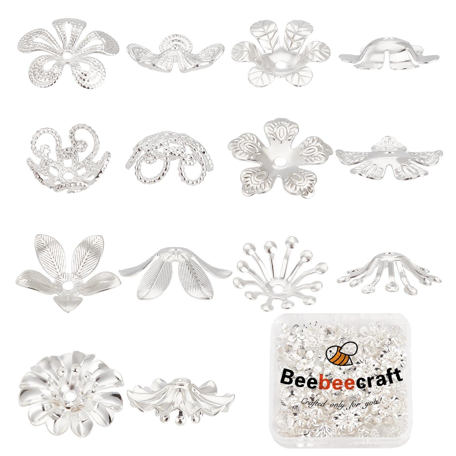 Beebeecraft 70Pcs/Box 7 Style Bead Caps 925 Sterling Silver Plated Brass Flow…